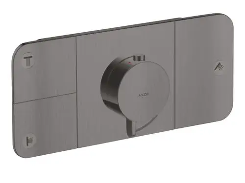 Thermostatmodul von AXOR mit runder Steuerung und zwei funktionalen Symboldarstellungen für Warmwasser und Dusche, montiert auf einer flachen, gebürsteten Oberfläche.